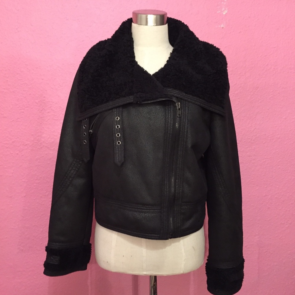 Black Winter Coat  Faux Sherpa